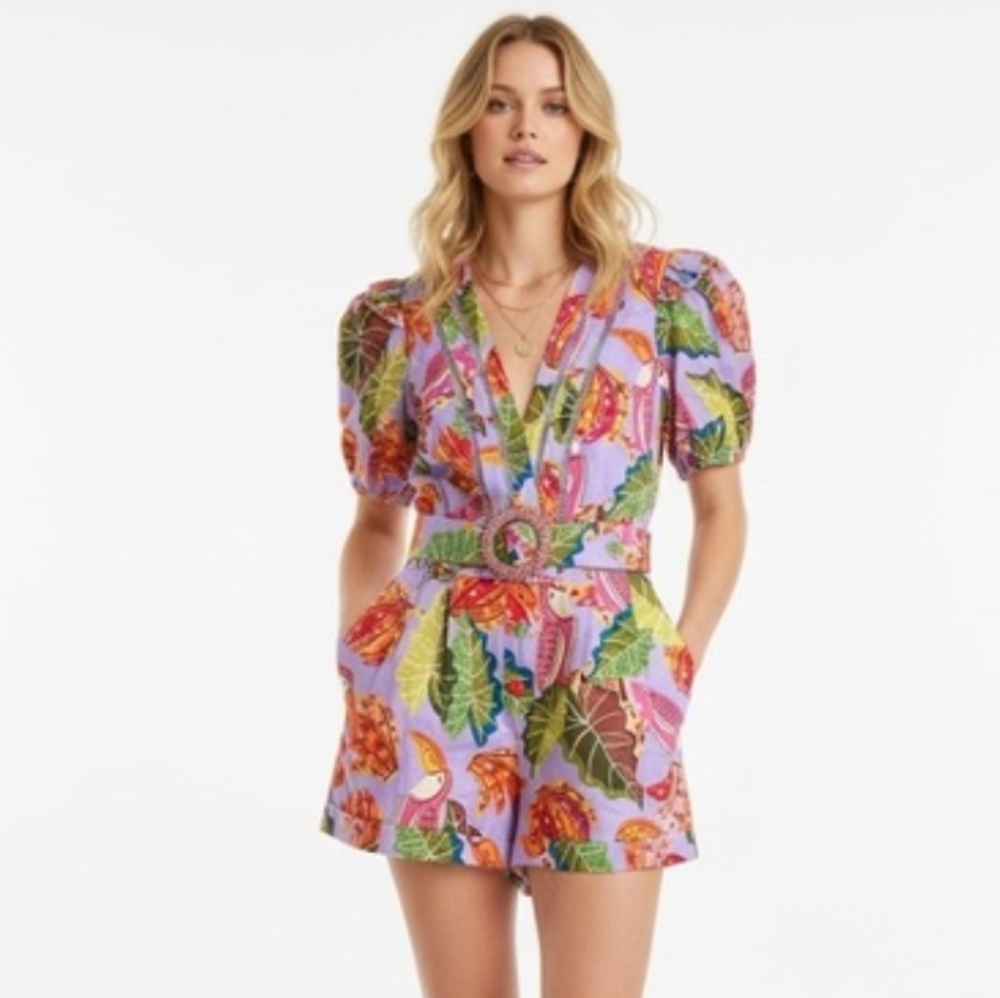 FARM Rio Lavender Tropical Print Puff-Sleeve Romper